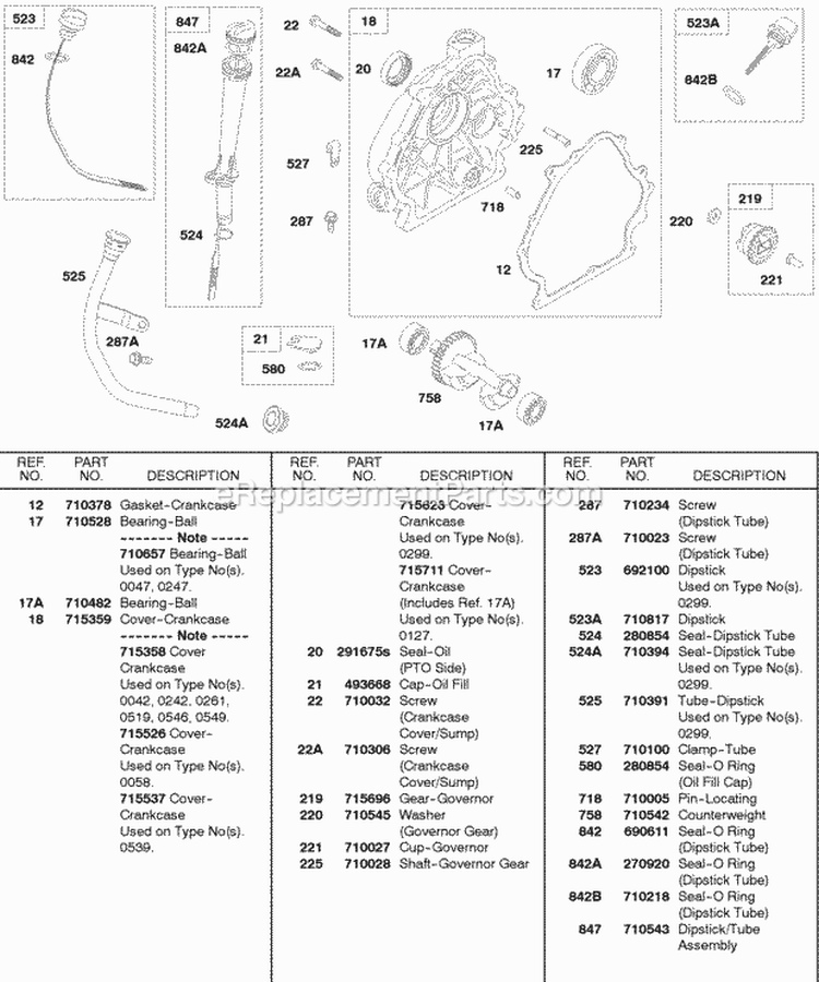 Crankcase Cover Counterweight Dipstick Tube Diagram and Parts List for 245432-0083-01  Briggs and Stratton Engine